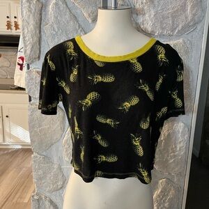 Xhilaration Black And Yellow Pineapple Print Short Sleeve Crop Top- Size Small